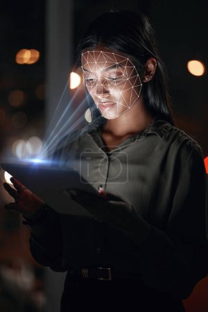 Photo for Woman, tablet and facial recognition at night in biometrics for access, verification or identification at office. Female person or employee working late on technology, scanning face or cyber security. - Royalty Free Image