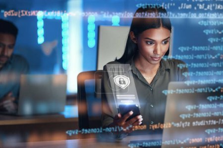Photo for Laptop, phone and hologram of woman for data protection, safety software development or cybersecurity programming. Night, mobile research and programmer or person on computer, lock and gdpr overlay. - Royalty Free Image