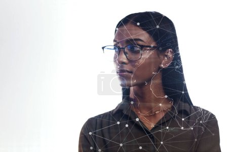 Photo for Woman, futuristic biometric hologram or facial recognition for cybersecurity, id or scan face for virtual safety. Indian, businesswoman and metrics for access control or protection on technology. - Royalty Free Image