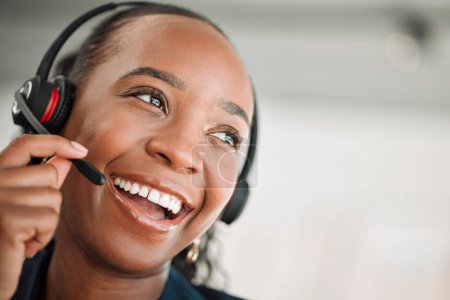 Photo for Thinking, call center and black woman with a smile, customer service and internet connection with telecom sales. Female person, consultant or agent with crm, decision or telemarketing with headphones. - Royalty Free Image