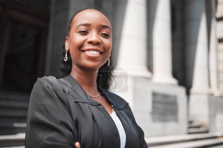Photo for Happy, black woman or portrait lawyer with confidence, empowerment or justice outside court. Face, empowerment or proud African attorney with leadership, arms crossed or vision for legal agency. - Royalty Free Image