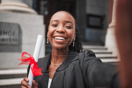Photo for Selfie, black woman and graduation, certificate and celebration memory, university education success and event. Graduate, female person smile in picture outdoor with academic achievement and happy. - Royalty Free Image