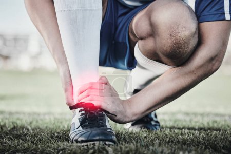Photo for Accident, sports and hand of a man on foot pain, soccer emergency and injury while training. Fitness, problem and an athlete or football player with inflammation or a swollen muscle on the field. - Royalty Free Image
