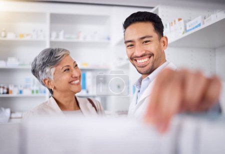 Photo for Happy, senior woman and pharmacist to help, customer service or offer advice on a product, medicine or prescription. Trust, pharmacy and man helping elderly female with shopping, information or pills. - Royalty Free Image