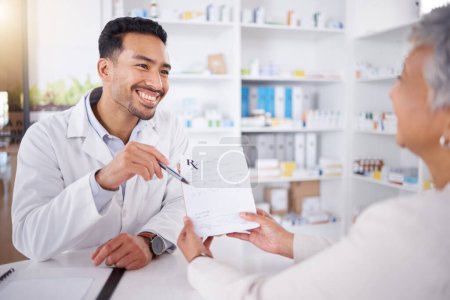 Photo for Pharmacist, advice and senior woman with prescription medicine, drugs or shopping at a pharmacy or pharmaceutical store. Helping, medical expert with information and conversation about healthcare. - Royalty Free Image