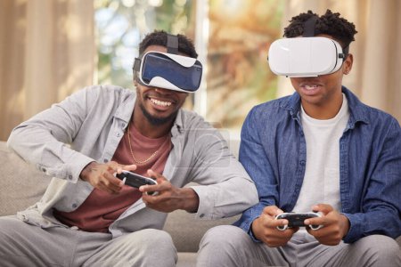 Photo for Friends, virtual reality video game and challenge, metaverse and futuristic gaming at home with esports. Competition, VR goggles and digital world, men in living room with 3D games and technology. - Royalty Free Image