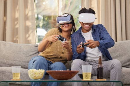 Photo for Couple, virtual reality and video games, esport and metaverse, people at home and futuristic gaming date. Time together, fun and digital world with man and woman in living room with 3D games and tech. - Royalty Free Image