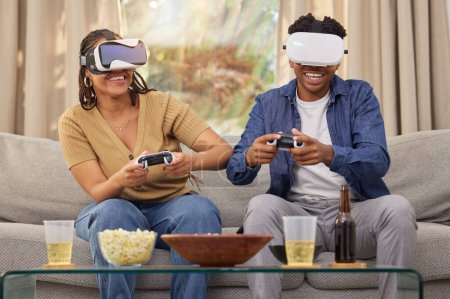 Photo for Couple in digital world, virtual reality and video game, esports and people at home on futuristic gaming date. Time together, metaverse with man and woman in lounge, 3D games and tech with challenge. - Royalty Free Image