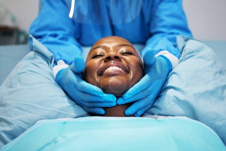 Photo for Smile, beauty and hands of surgeon on black woman face in clinic for plastic surgery, skincare or chemical peel. Medical, facial and female consulting dermatologist on anti aging, collagen or filler. - Royalty Free Image