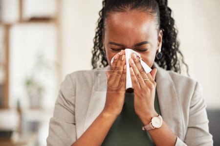 Photo for Blowing nose, business and sick black woman with tissue for hayfever, allergies and flu symptoms. Health, corporate and female worker with handkerchief for cold, sinus problem and infection in office. - Royalty Free Image
