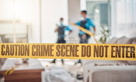 Photo for Tape, crime scene and police in house for investigation, inspection and forensic analysis. Law enforcement, safety and security people in living room for criminal, murder and searching for evidence. - Royalty Free Image