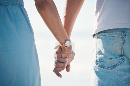 Photo for Couple, holding hands and love outdoor with trust, comfort and hope, empathy and kindness. Together, support and man with woman for family, solidarity and bond, loyalty and marriage commitment. - Royalty Free Image