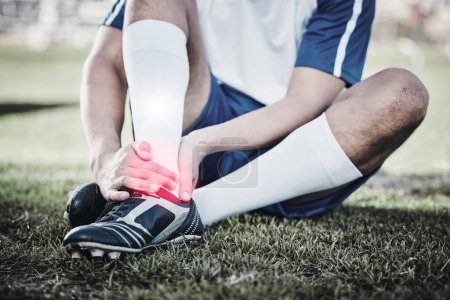 Photo for Injury, soccer player or hand of a man on foot pain, emergency or accident in fitness training. Sports, problem or football athlete with muscle inflammation, broken leg or swollen ankle on field. - Royalty Free Image