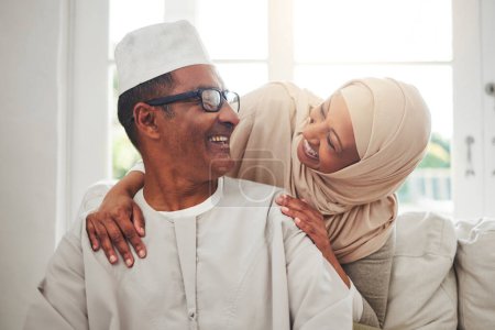 Photo for Home portrait, Muslim and elderly couple laughing at funny conversation, humour and care in retirement, bonding or marriage. Happiness, Love or Islamic man, woman and senior people laughing at comedy. - Royalty Free Image