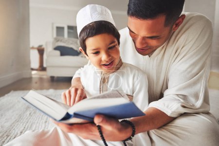 Photo for Quran, Muslim dad or happy child praying for worship, muslim pray and faith in Allah, god or holy spirit. Child development, home family or Islam father teaching boy, study and reading spiritual book. - Royalty Free Image
