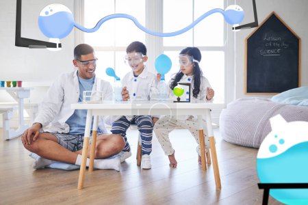 Photo for Family, science and father with kids in living room with balloon for chemistry, reaction or experiment. Physics, test and parent with children in lounge and bottle for learning, analysis and teaching. - Royalty Free Image