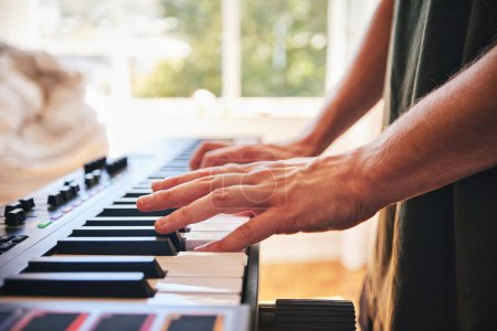 Photo for Piano, man and hands on keys for music, creative talent and skills in home studio. Closeup, musician and playing synthesizer keyboard for audio performance, sound artist and learning instrument notes. - Royalty Free Image