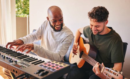 Photo for Friends, men and piano with guitar for happy song production in home studio together. Band, sound musicians and collaboration with keyboard, acoustic instrument and creative talent for performance. - Royalty Free Image