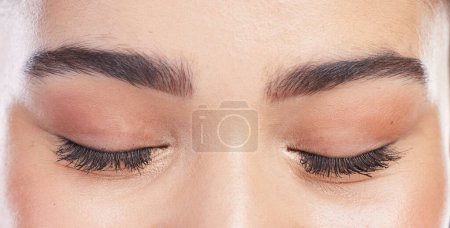 Photo for Eyeshadow, eyes closed and woman with mascara eyelash extension, makeup results or natural face cosmetics. Anti aging skincare, wellness and closeup beauty person with thick lashes, peace and relax. - Royalty Free Image