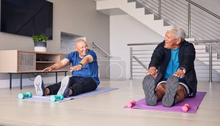 Photo for Elderly, home or men stretching legs for fitness together for training, exercise or workout with wellness. Happy retirement, smile or senior friends with teamwork for health, warm up or flexibility. - Royalty Free Image