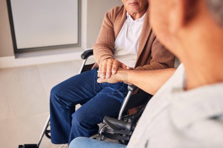 Photo for Wheelchair disability, support and elderly people holding hands for support, empathy and senior care in retirement home. Rehabilitation, love and disabled friends together with compassion, trust and. - Royalty Free Image