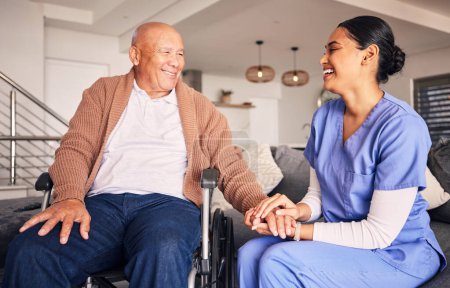 Photo for Happy nurse helping man in wheelchair with medical trust, therapy and support in retirement home. Patient with disability, caregiver and woman smile with empathy for rehabilitation service in nursing. - Royalty Free Image