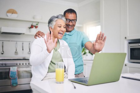 Photo for Senior couple, laptop and hello for video call with internet connection, communication and wave. A man and woman together at home while happy and excited for virtual or online chat with technology. - Royalty Free Image