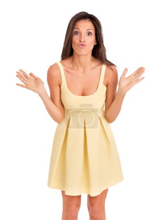 Photo for Fashion, goofy and portrait of woman in a dress for elegant, stylish or classy outfit. Silly, confidence and young beautiful female model with formal style isolated by a transparent png background - Royalty Free Image