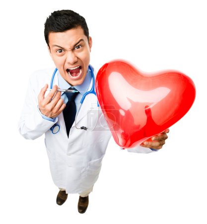 Photo for Angry, syringe and portrait of doctor with heart on isolated, PNG and transparent background. Healthcare, medical and crazy man health worker with balloon for cardiology service, exam and injection. - Royalty Free Image