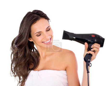 Photo for Volume, beauty and woman with a hairdryer, hair treatment and grooming routine isolated on a transparent background. Female person, model and girl with blow dryer, style and smile with png or luxury. - Royalty Free Image