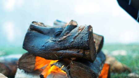 Photo for Bonfire circle, camp and outdoor in nature with stone, rock and safe on ground, grass and aerial closeup. Fire, flames and burn wood for heat, cooking or relax on lawn, field and woods for holiday. - Royalty Free Image