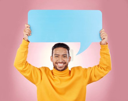 Photo for Speech bubble, voice and man or student presentation, news or announcement for college opportunity. Portrait, information and happy person, university FAQ or communication on studio, pink background. - Royalty Free Image