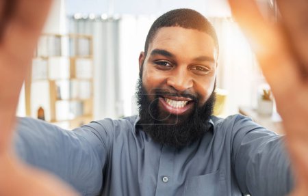 Photo for Smile, face and selfie of a black man as a business or influencer person at work. Portrait of an African guy or entrepreneur with job satisfaction and pride for social media profile picture or update. - Royalty Free Image