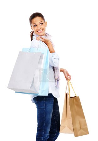 Photo for Woman, shopping bag and thinking in studio, white background and isolated retail product sales. Happy customer, rich model and gift bag for discount mall promotion, luxury store brand and market deal. - Royalty Free Image