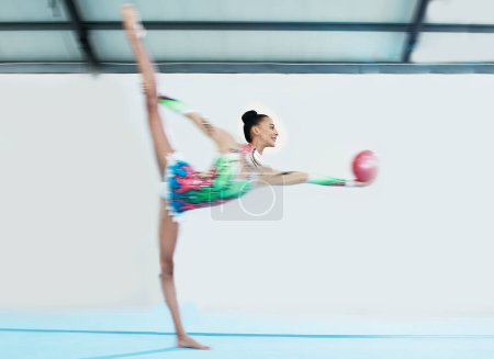 Photo for Gymnastics, performance and woman with ball, motion blur and exercise, train or mockup space. Sports, moving and dancing gymnast, athlete or person in competition for creative talent, energy and fast. - Royalty Free Image