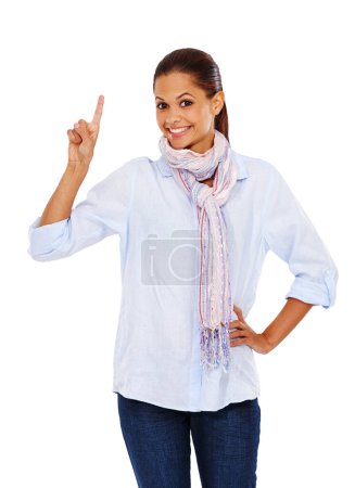 Photo for Woman, portrait and hand pointing up on isolated white background at promotion mockup or marketing space. Smile, happy and fashion model and showing hand gesture at sales, deal or advertising mock up. - Royalty Free Image