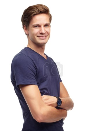 Photo for Crossed arms, fashion and portrait of man in studio with confidence, attractive and pride on white background. Smile, confident and face of isolated handsome male person with trendy casual clothes. - Royalty Free Image