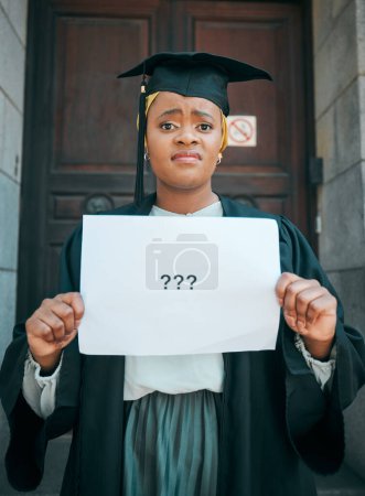 Photo for Graduation, confused and poster with portrait of black woman for doubt, question mark and decision. College, study and education with female student and paper sign for university, emoji and academy. - Royalty Free Image