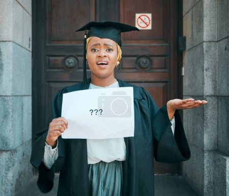 Photo for College student portrait, question mark and black woman confused over education choice, future decision or graduation. Poster, doubt and learning African person unsure about university career path. - Royalty Free Image