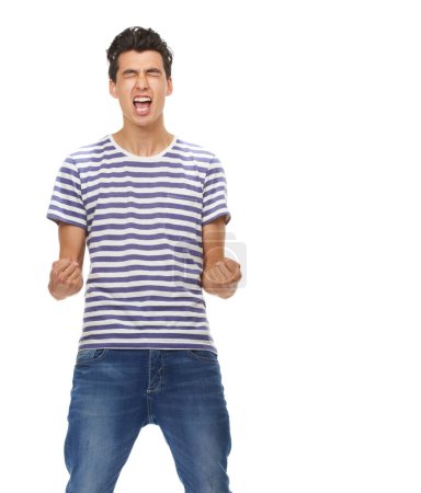 Photo for Casually handsome. A cropped shot of an ecstatic young man air punching, isolated on white - Royalty Free Image