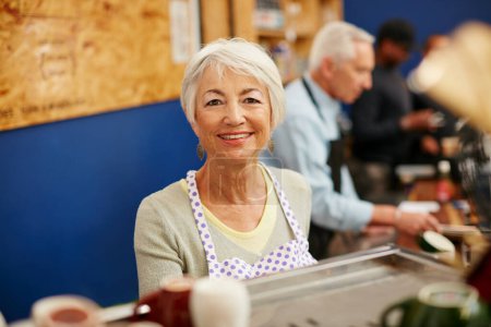 Photo for Senior woman, portrait and coffee shop owner work for retirement in a store with a smile. Elderly female, barista and cafe for a small business as a startup for profit or pension in a restaurant. - Royalty Free Image