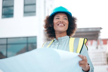 Photo for Smile, architect and woman with blueprint in city for construction, building design or development. Happy, engineer and African developer with document, illustration or paperwork for project planning. - Royalty Free Image