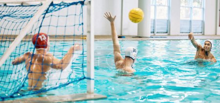 Photo for Teenager, boys and team, water polo and playing game with sports, action and energy in indoor swimming pool. Young male players, high school athlete group and competition with fitness and teamwork. - Royalty Free Image