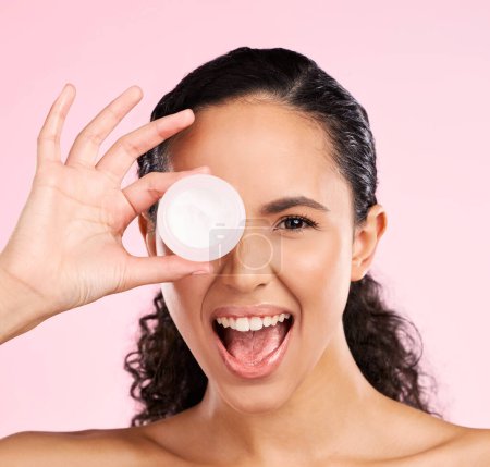 Photo for Skincare, face and excited woman with cream container in studio isolated on pink background. Portrait, natural and happy model with moisturizer, sunscreen cosmetic or dermatology product for wellness. - Royalty Free Image