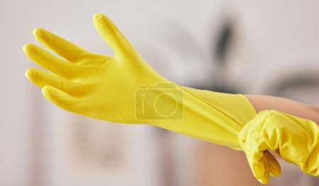 Photo for Hand, gloves and cleaning service for bacteria in home with safety from germs or dirt or mockup. Cleaner, dust and rubber protection for household maintenance in apartment for hygiene or wellness - Royalty Free Image