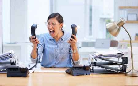 Photo for Angry, scream and business woman on telephone for secretary career stress, frustrated and mental health problem. Shout, anxiety and anger of professional worker or person with burnout on phone call. - Royalty Free Image