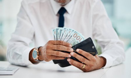 Photo for Business man, hands and wallet of money for finance, trading economy and banking budget. Closeup, rich trader and financial growth of salary, income or bonus bills, cash savings or accounting payment. - Royalty Free Image
