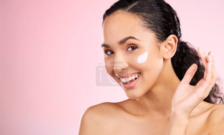 Photo for Skincare mockup, cream and portrait of woman in studio for wellness, spa treatment and cleaning. Dermatology, beauty and face of happy female person with cosmetics, moisturizer and anti aging lotion. - Royalty Free Image