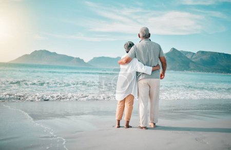 Photo for Back, hug or old couple on beach to relax with love, care or support on summer vacation in nature. Retirement, mature man or senior woman at sea or ocean to travel on holiday together looking at view. - Royalty Free Image