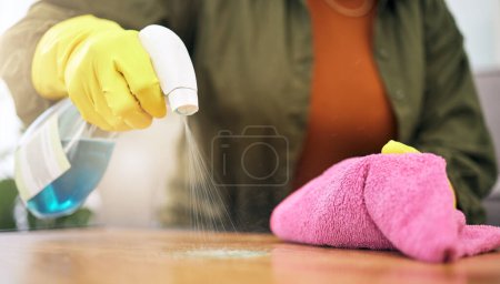 Téléchargez les photos : Femme, mains et pulvérisation sur la table avec un chiffon pour l'hygiène, les bactéries ou l'élimination des germes à la maison. Gros plan d'une femme, d'une femme de ménage ou d'une femme de ménage essuyant des meubles en service domestique ou désinfectant à la surface. - en image libre de droit